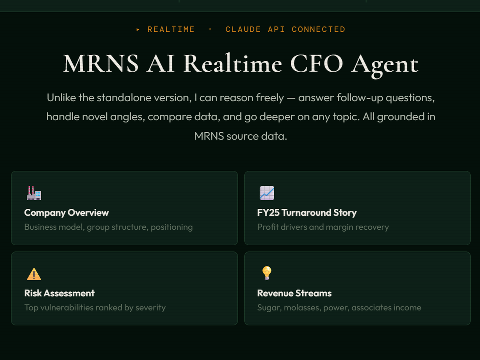 The opening screen of an AI CFO agent built for Mehran Sugar Mills, offering a company overview, the FY25 turnaround story, a risk assessment and revenue streams.