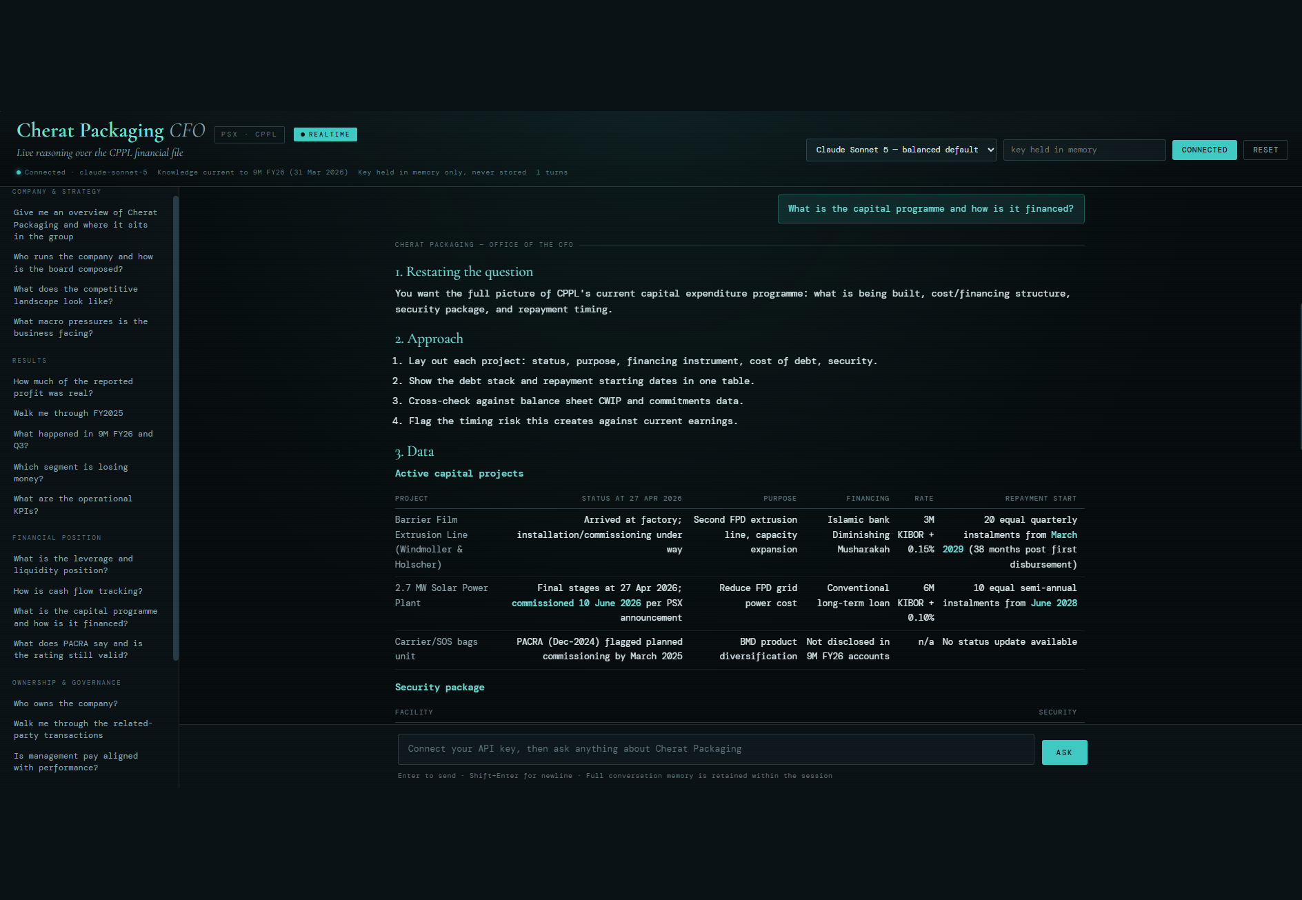 The agent&rsquo;s full workspace for a packaging company: a sidebar of suggested questions, the question of what the capital programme is and how it is financed, and the start of its answer, restating the question, setting out its approach and opening a table of active capital projects.