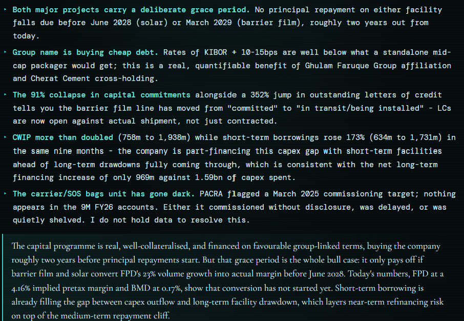 Five findings the agent raised without being asked, including that capital commitments fell 91% while letters of credit rose 352%, and that the carrier and SOS bags unit has gone dark, where it states it does not hold the data to resolve the question.