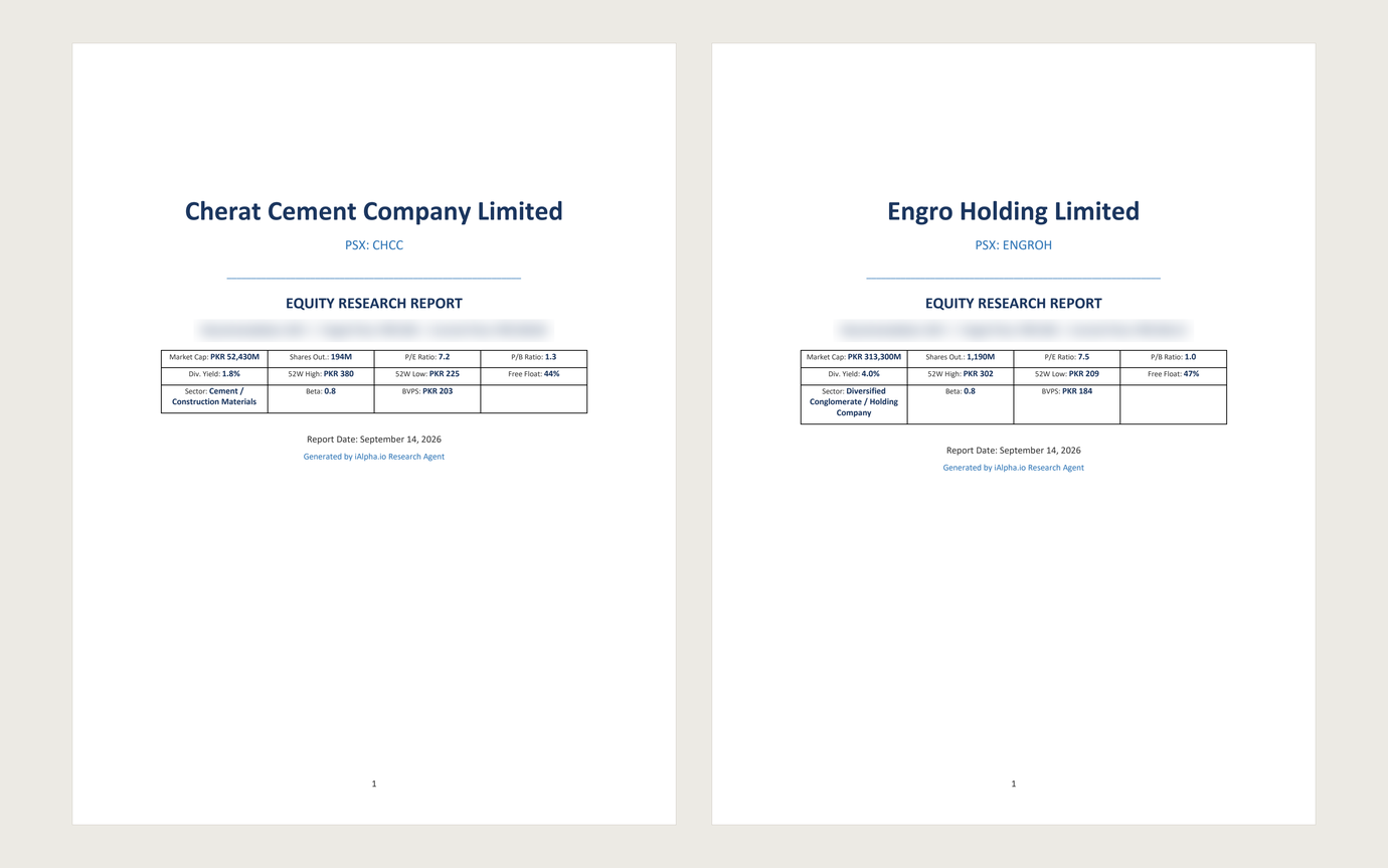 The covers of two reports the agent generated, one on Cherat Cement Company Limited and one on Engro Holding Limited, each titled Equity Research Report, with the rating line blurred on both.